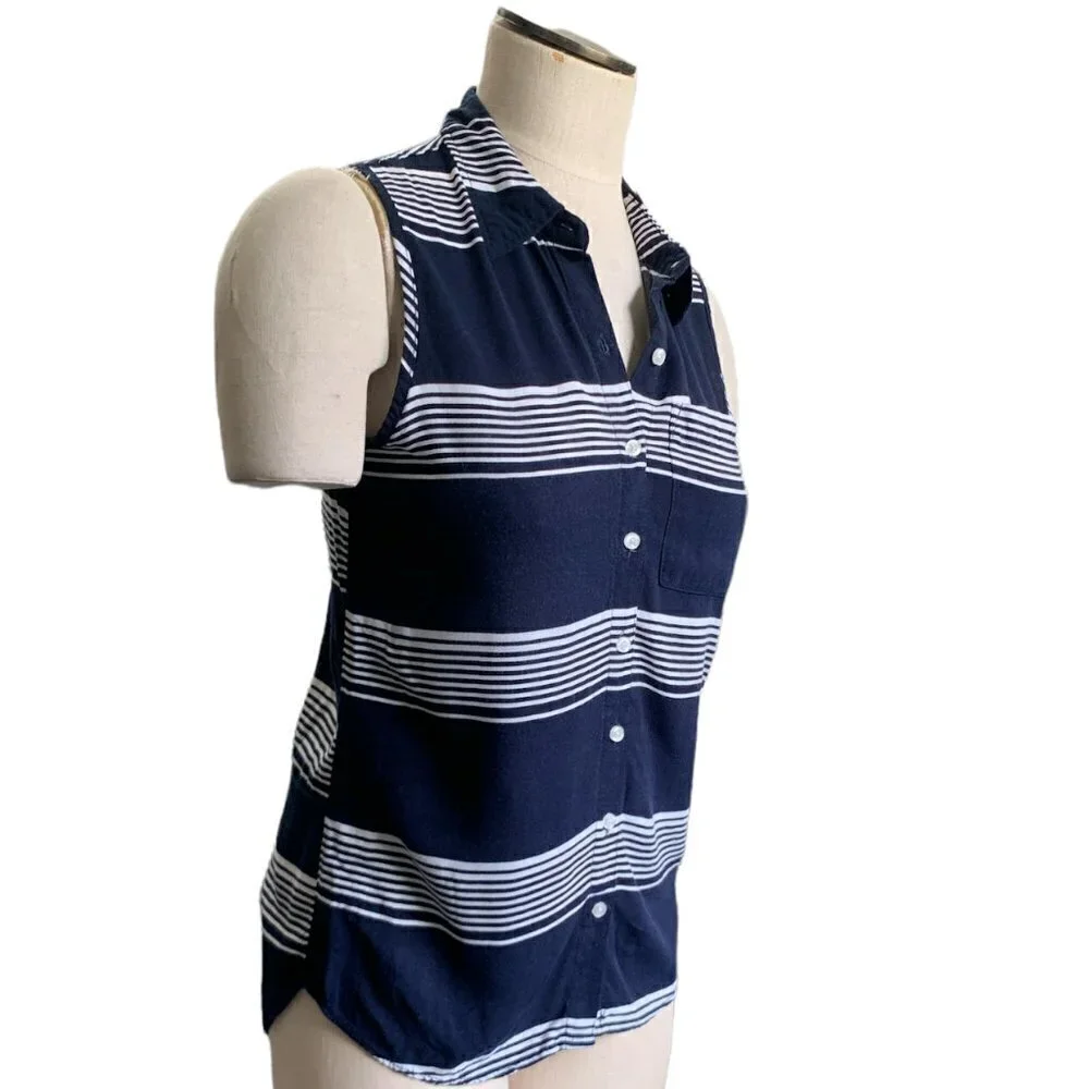 Girl Krazy‎ Sleeveless Boyfriend Button-Front Striped Shirt S Navy #19E